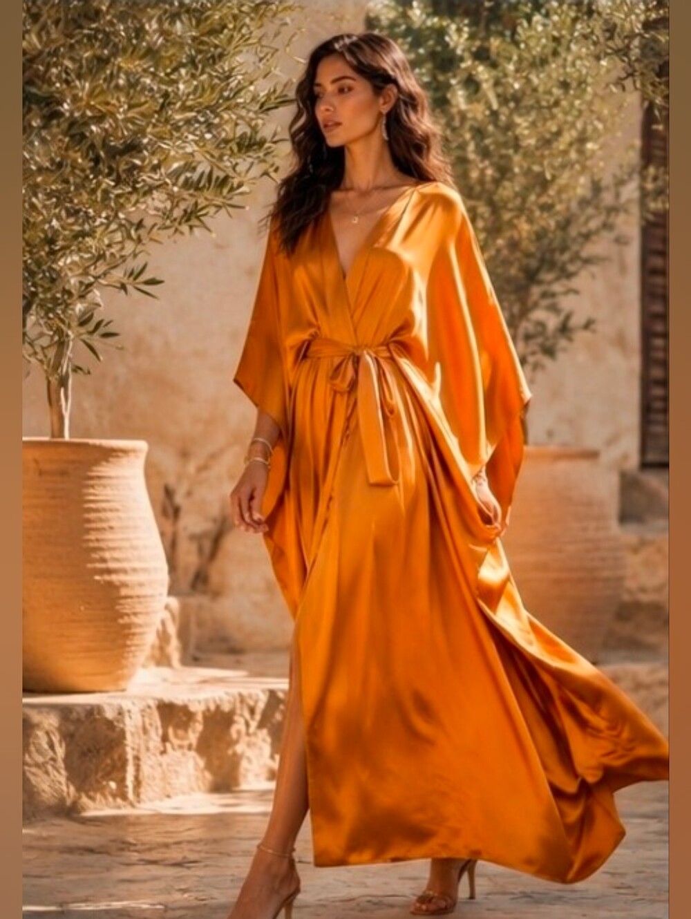 Anthropologie Satin Kaftan Kimono Sleeve Maxi Dress Sz One Size  Bronze NWT$140
